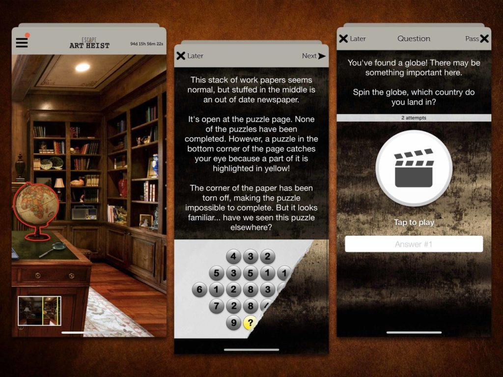Screenshot of an Art Heist Escape Room game interface on a mobile, featuring various game elements including a keypad, newspaper clue, and a hint window.