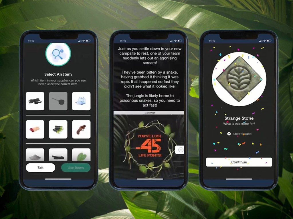 Three smartphones displaying a jungle survival game, each with different screens: inventory, gameplay narrative, and a game object description surrounded by lush green leaves.