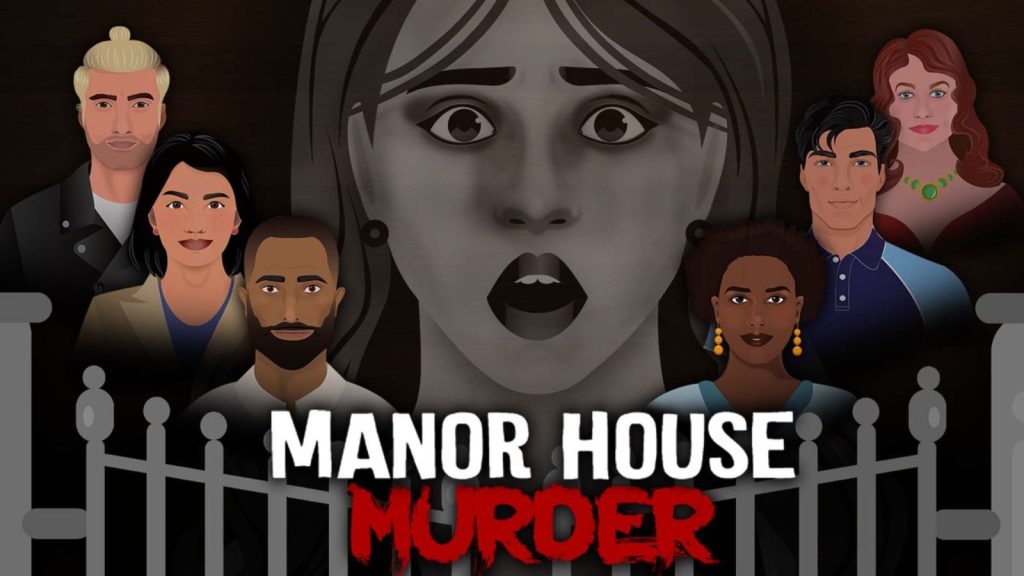 Animated poster for "manor house murder" escape room game featuring a frightened woman surrounded by six stylized characters with a dark, ominous background.