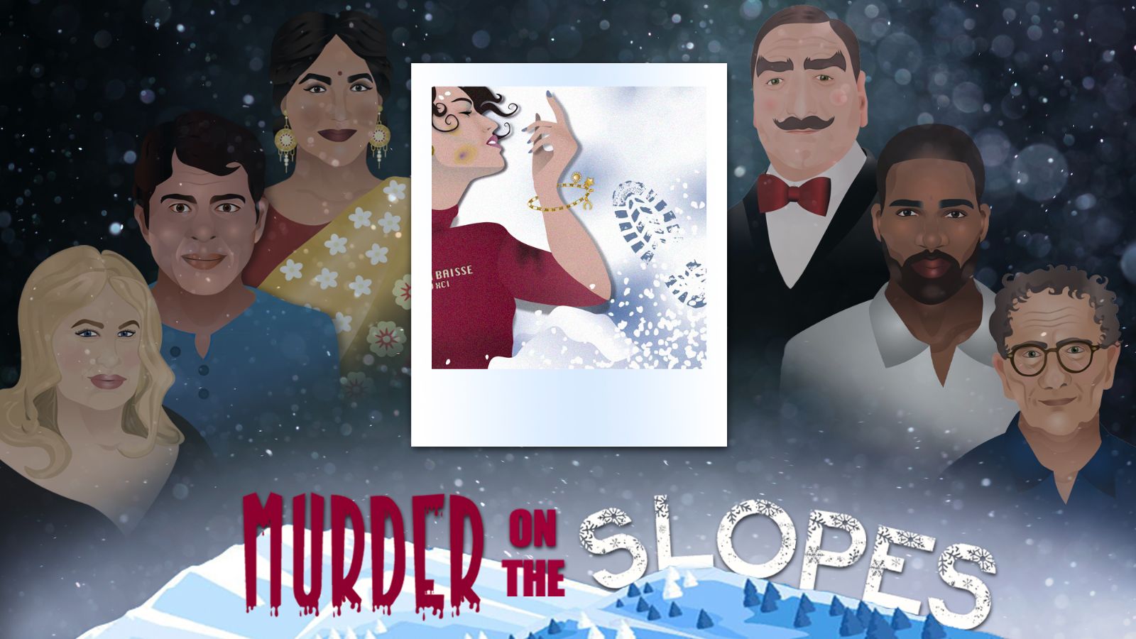 Illustration of seven diverse characters for the fictional story "Murder on the Slopes," set in an art heist-themed escape room, with a snowy background and central woman blowing snowflakes.