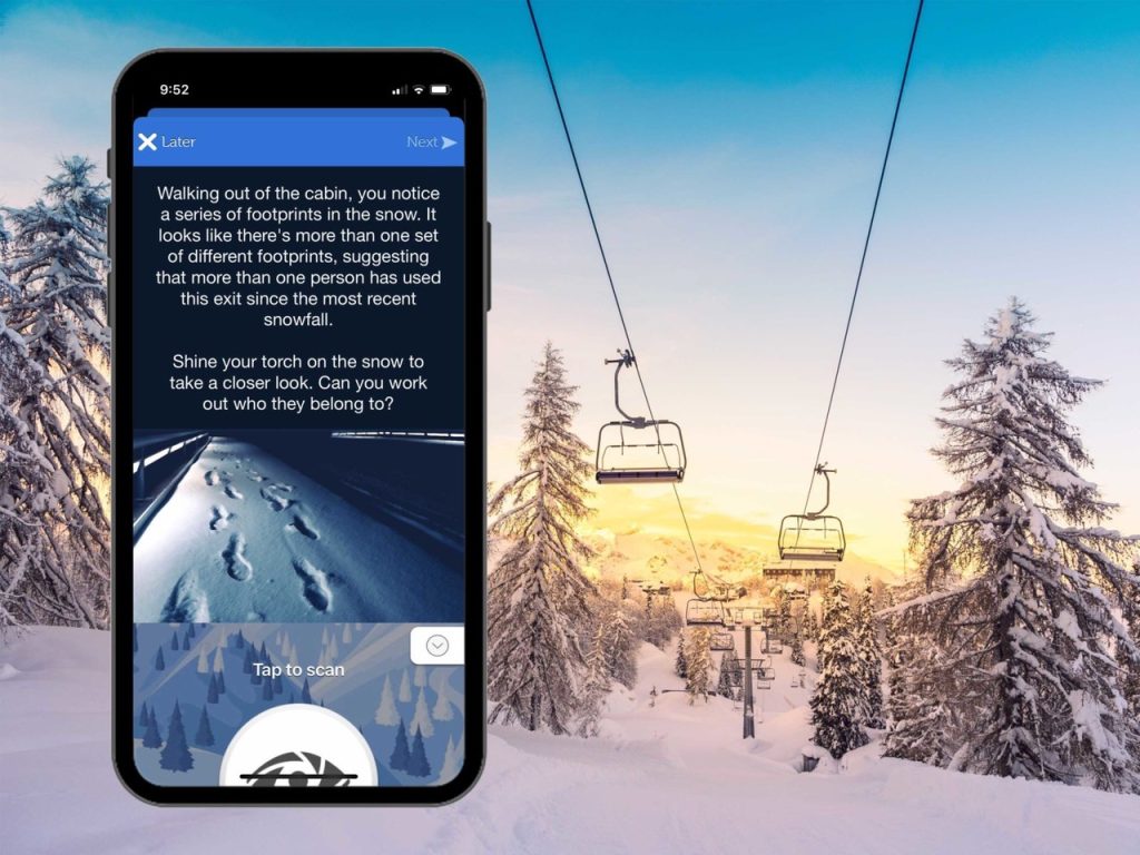 Mobile phone screen displaying a mystery game prompt about mysterious footsteps in the snow, held in a hand with a snowy landscape and ski lifts on the slopes in the background.