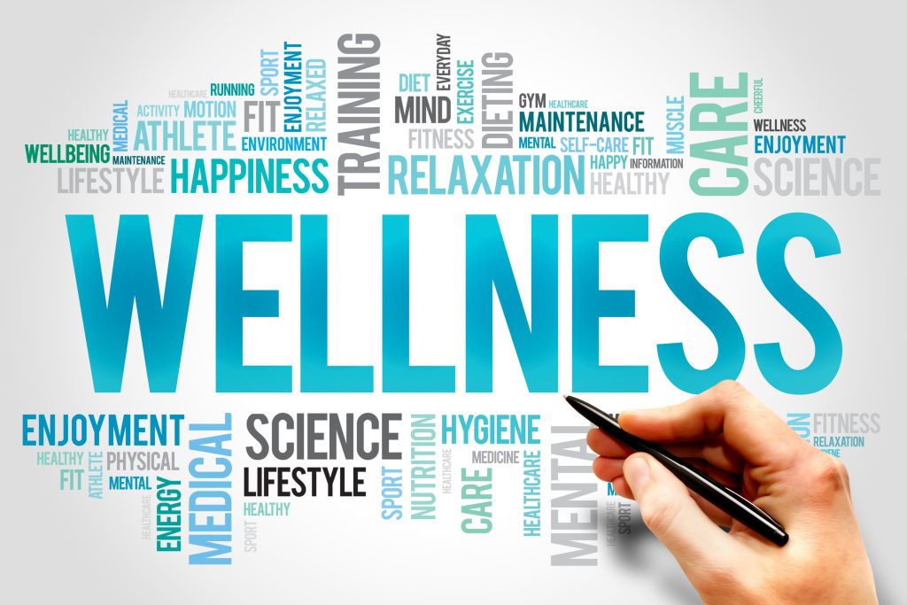 A hand writes "WELLNESS," surrounded by words like health, relaxation, and lifestyle. Intertwined are concepts like employee wellness, highlighting the importance of team building to boost wellness within a harmonious environment.